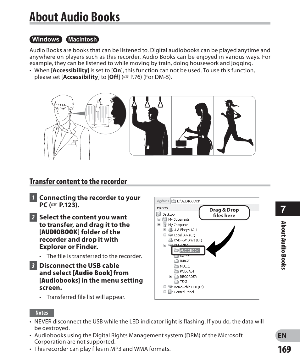 About audio books, Transfer content to the recorder | Olympus DM-5 User Manual | Page 169 / 187