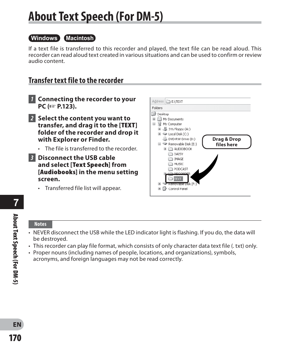 About text speech (for dm-5), Transfer text file to the recorder | Olympus DM-5 User Manual | Page 170 / 187