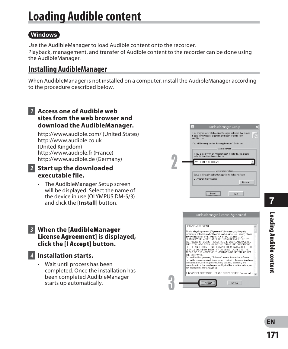 Loading audible content | Olympus DM-5 User Manual | Page 171 / 187