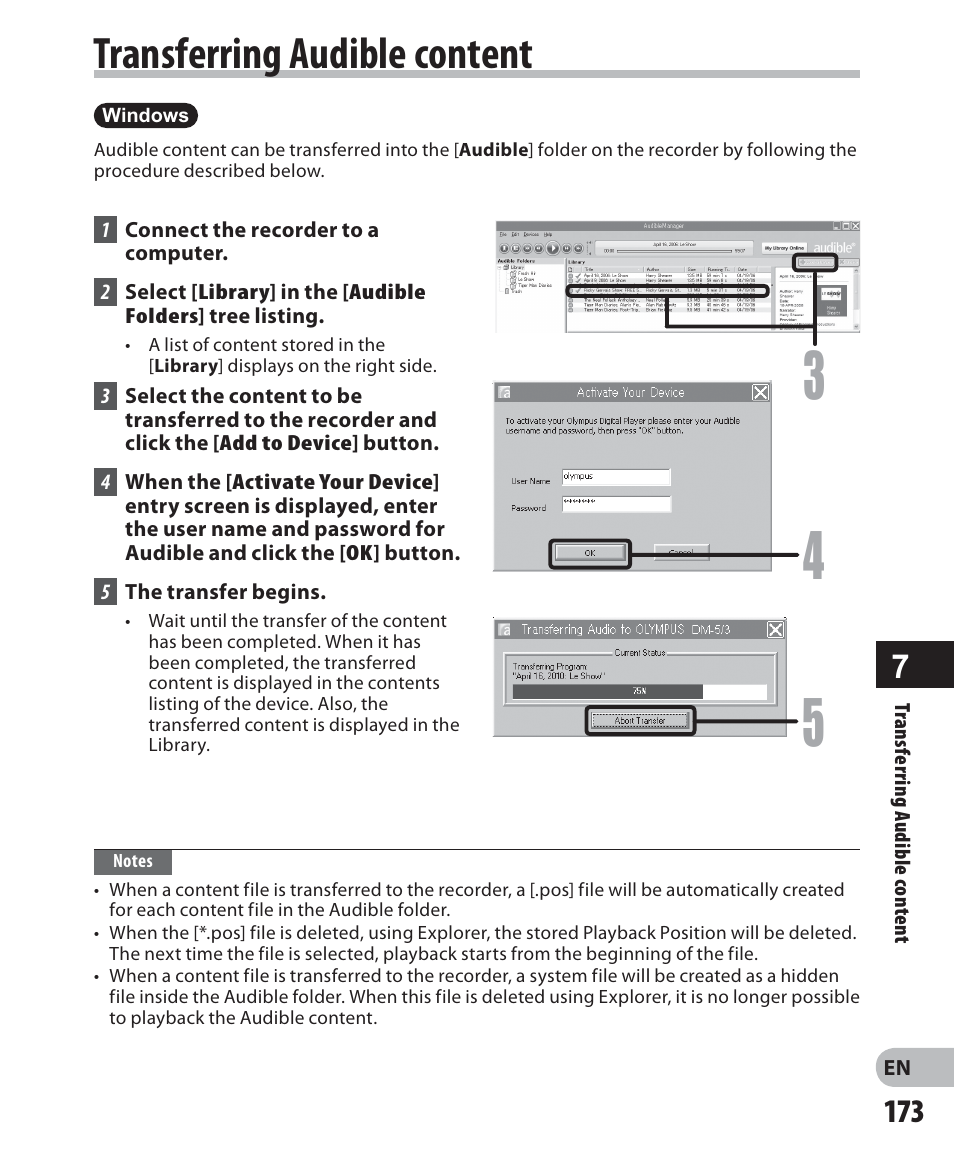 Transferring audible content | Olympus DM-5 User Manual | Page 173 / 187