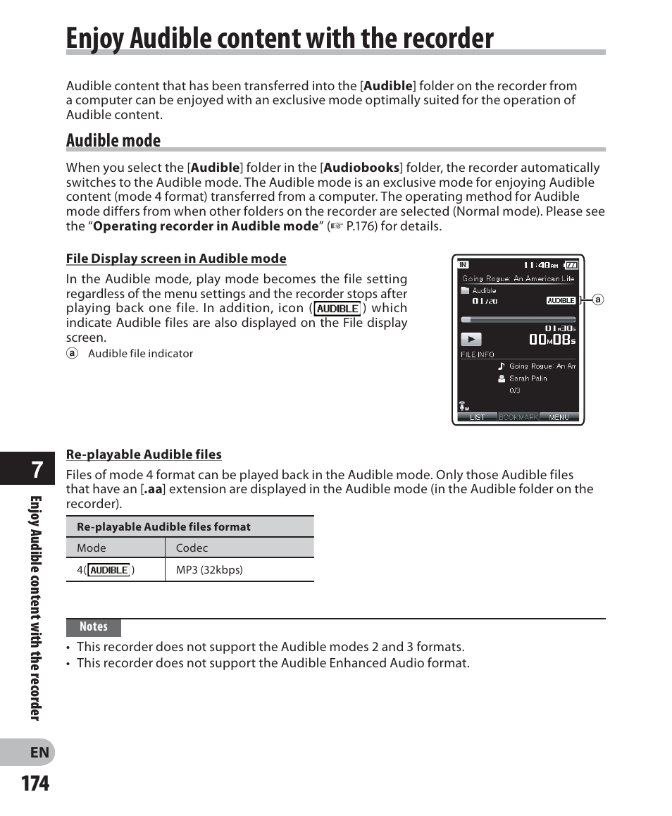 Enjoy audible content with the recorder, Audible mode | Olympus DM-5 User Manual | Page 174 / 187