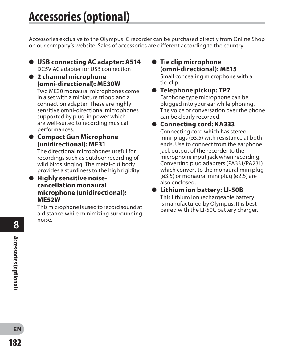 Accessories (optional) | Olympus DM-5 User Manual | Page 182 / 187