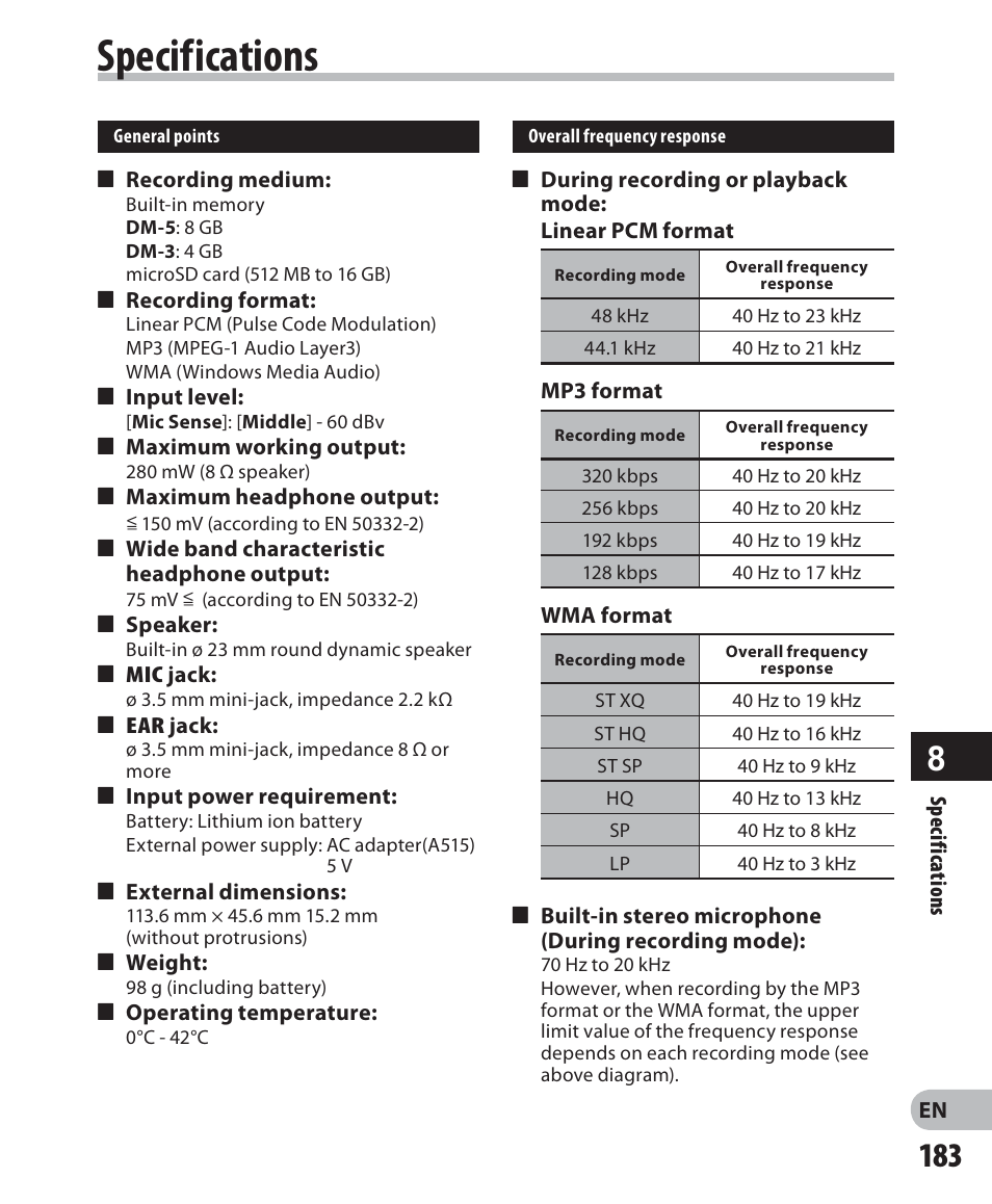 Specifications | Olympus DM-5 User Manual | Page 183 / 187