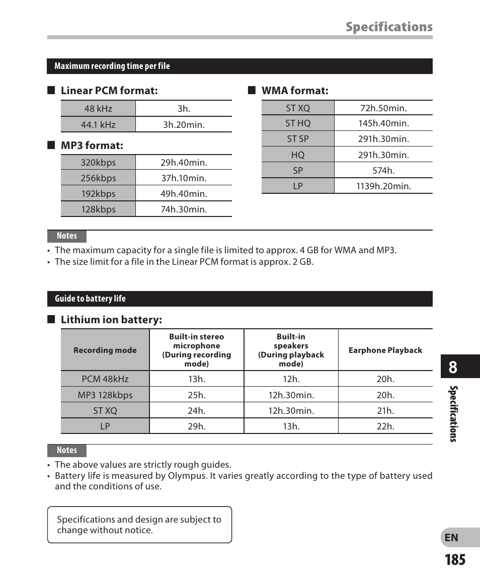 Specifications | Olympus DM-5 User Manual | Page 185 / 187