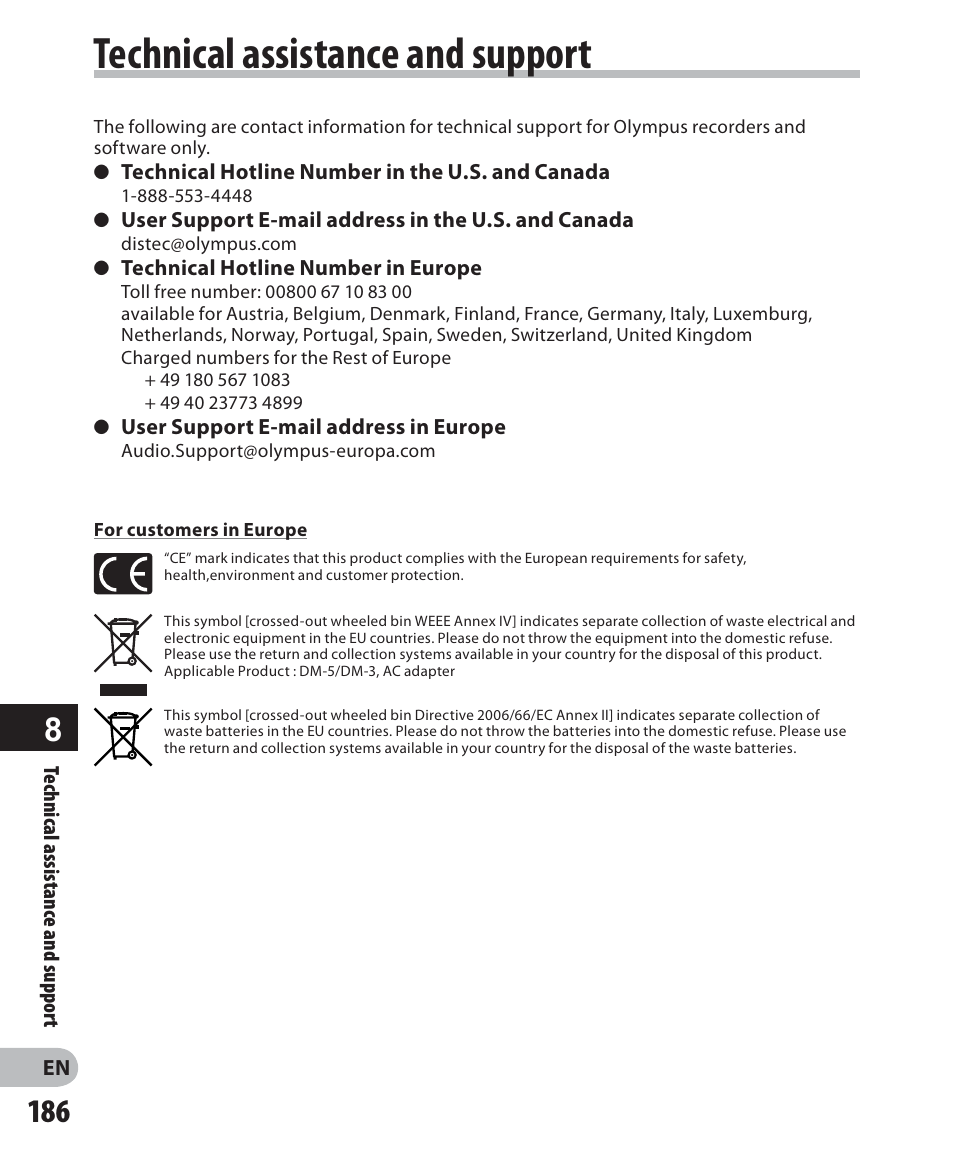 Technical assistance and support | Olympus DM-5 User Manual | Page 186 / 187