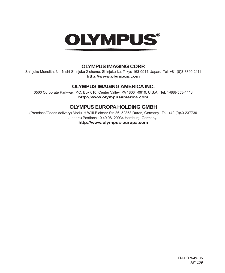 Olympus europa holding gmbh, Olympus imaging corp, Olympus imaging america inc | Olympus DM-5 User Manual | Page 187 / 187