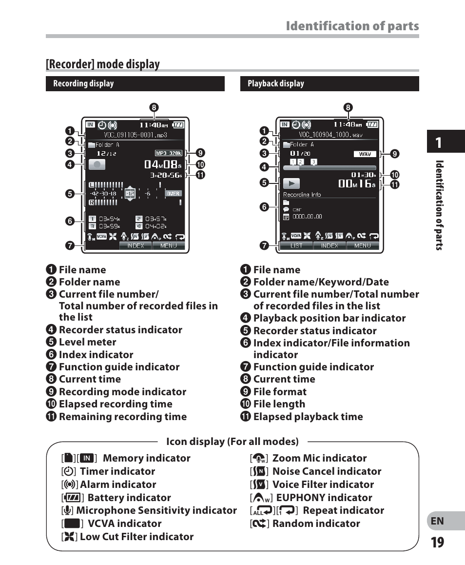 Identification of parts [recorder] mode display | Olympus DM-5 User Manual | Page 19 / 187