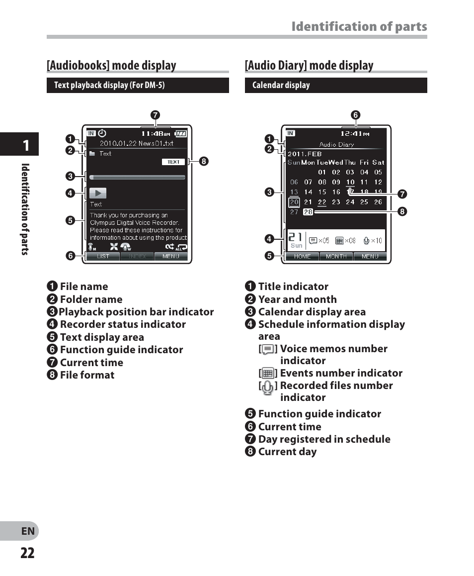 Identification of parts [audiobooks] mode display, Audio diary] mode display | Olympus DM-5 User Manual | Page 22 / 187