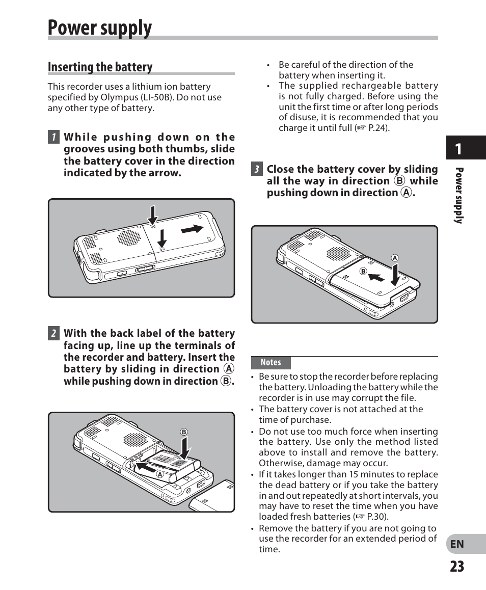 Power supply, Inserting the battery | Olympus DM-5 User Manual | Page 23 / 187