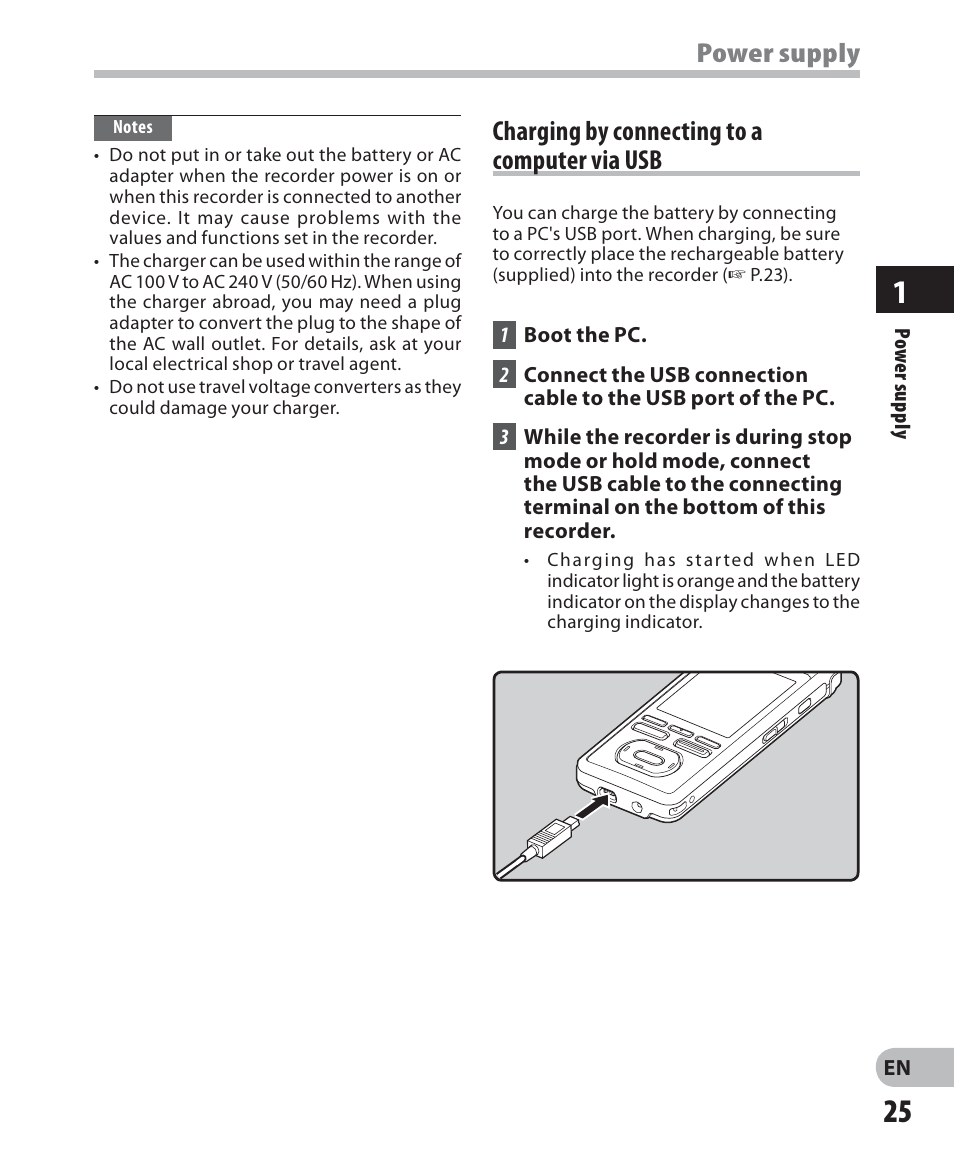 Power supply, Charging by connecting to a computer via usb | Olympus DM-5 User Manual | Page 25 / 187