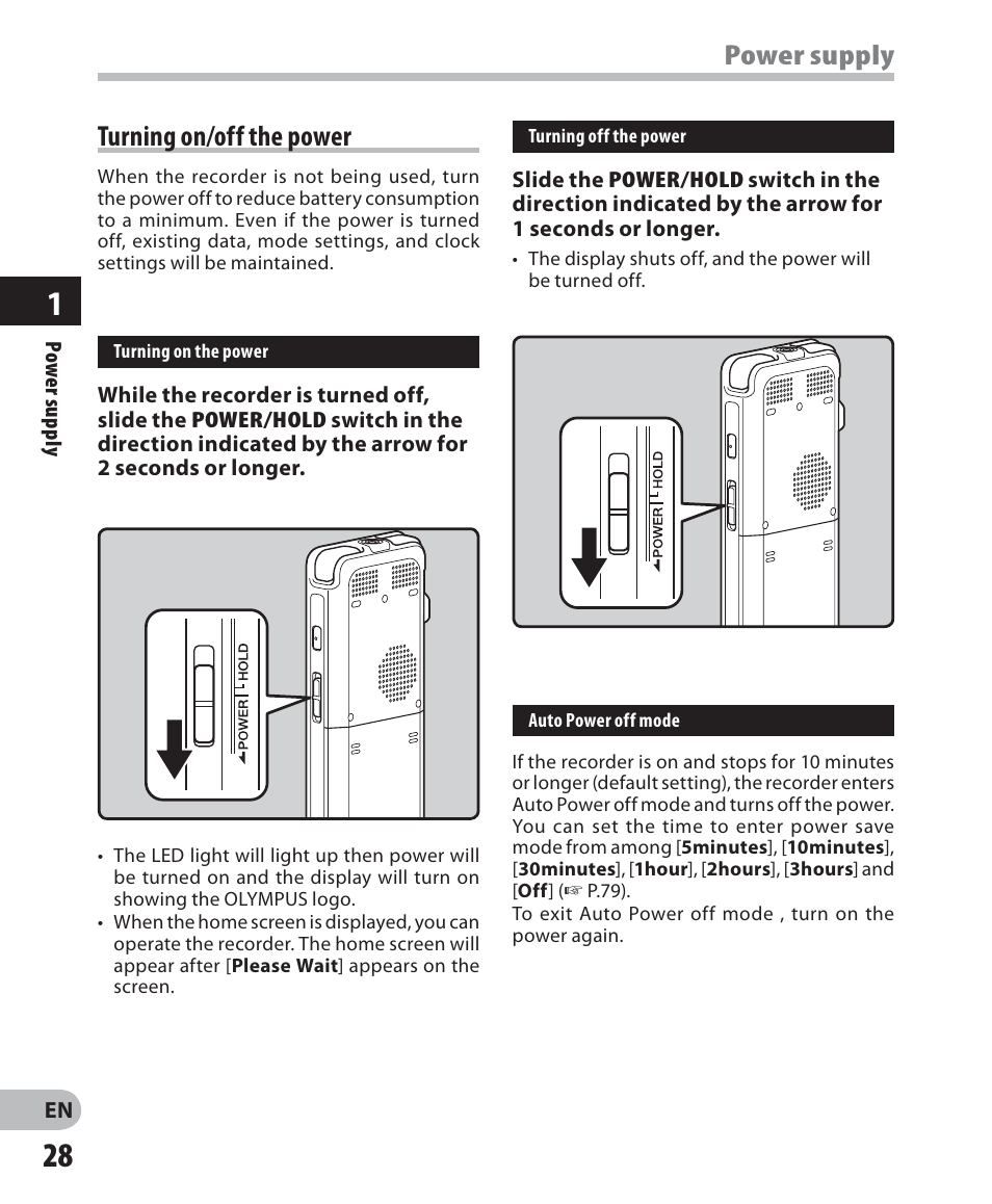 Turning on/off the power, Power supply | Olympus DM-5 User Manual | Page 28 / 187