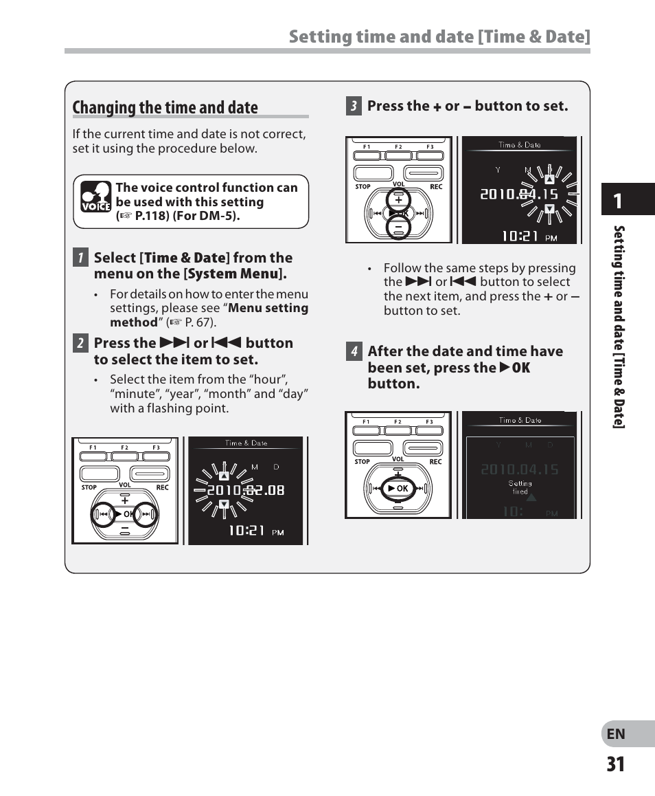 Changing the time and date, Setting time and date [time & date | Olympus DM-5 User Manual | Page 31 / 187