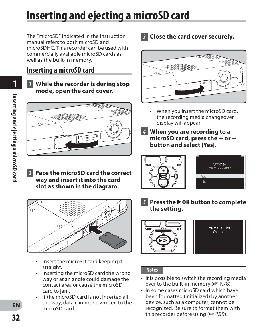 Inserting and ejecting a microsd card, Inserting a microsd card | Olympus DM-5 User Manual | Page 32 / 187