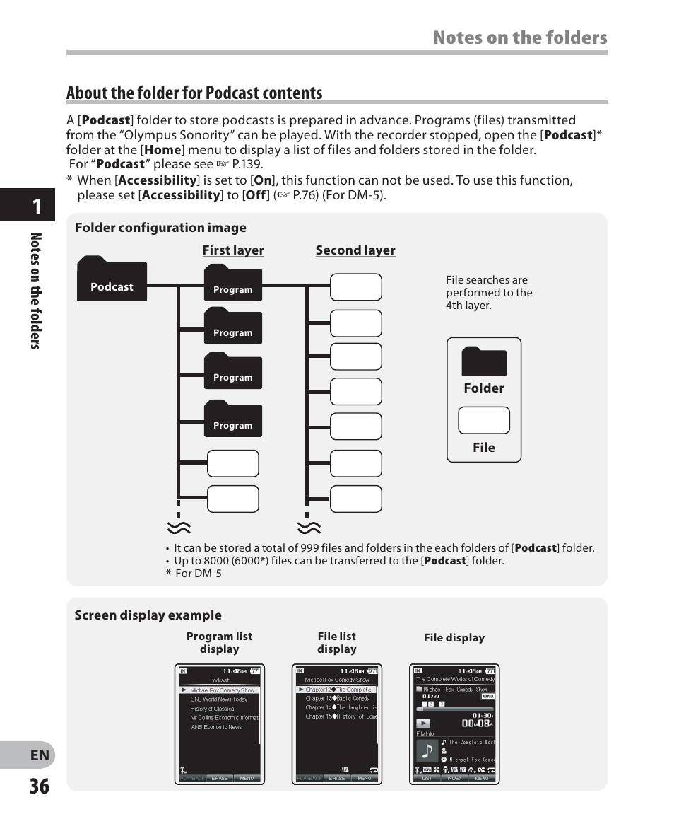 About the folder for podcast contents | Olympus DM-5 User Manual | Page 36 / 187