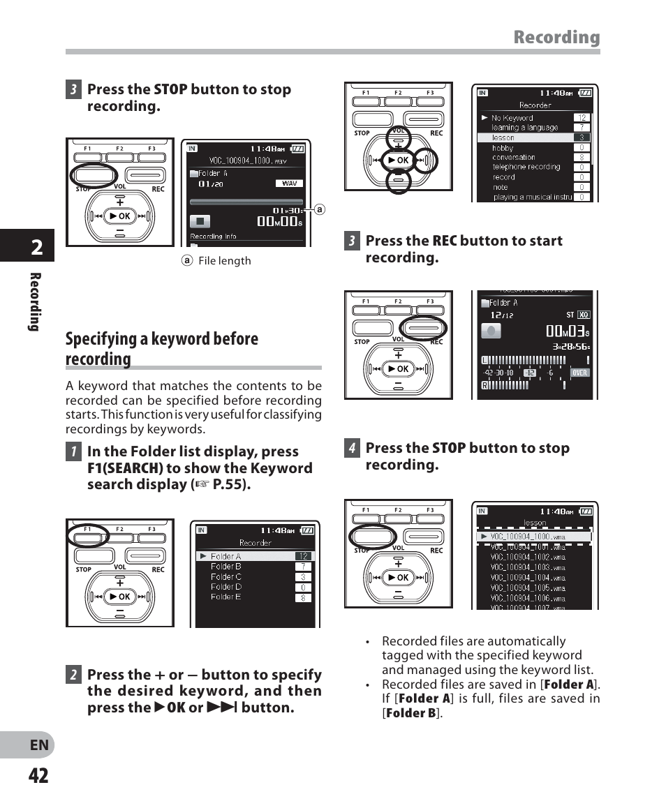 Recording, Specifying a keyword before recording | Olympus DM-5 User Manual | Page 42 / 187