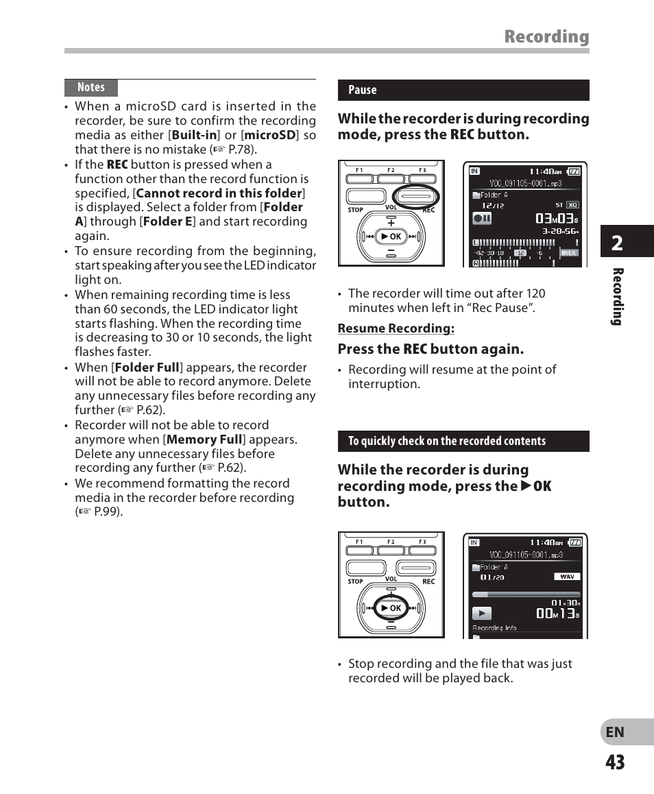 Recording | Olympus DM-5 User Manual | Page 43 / 187