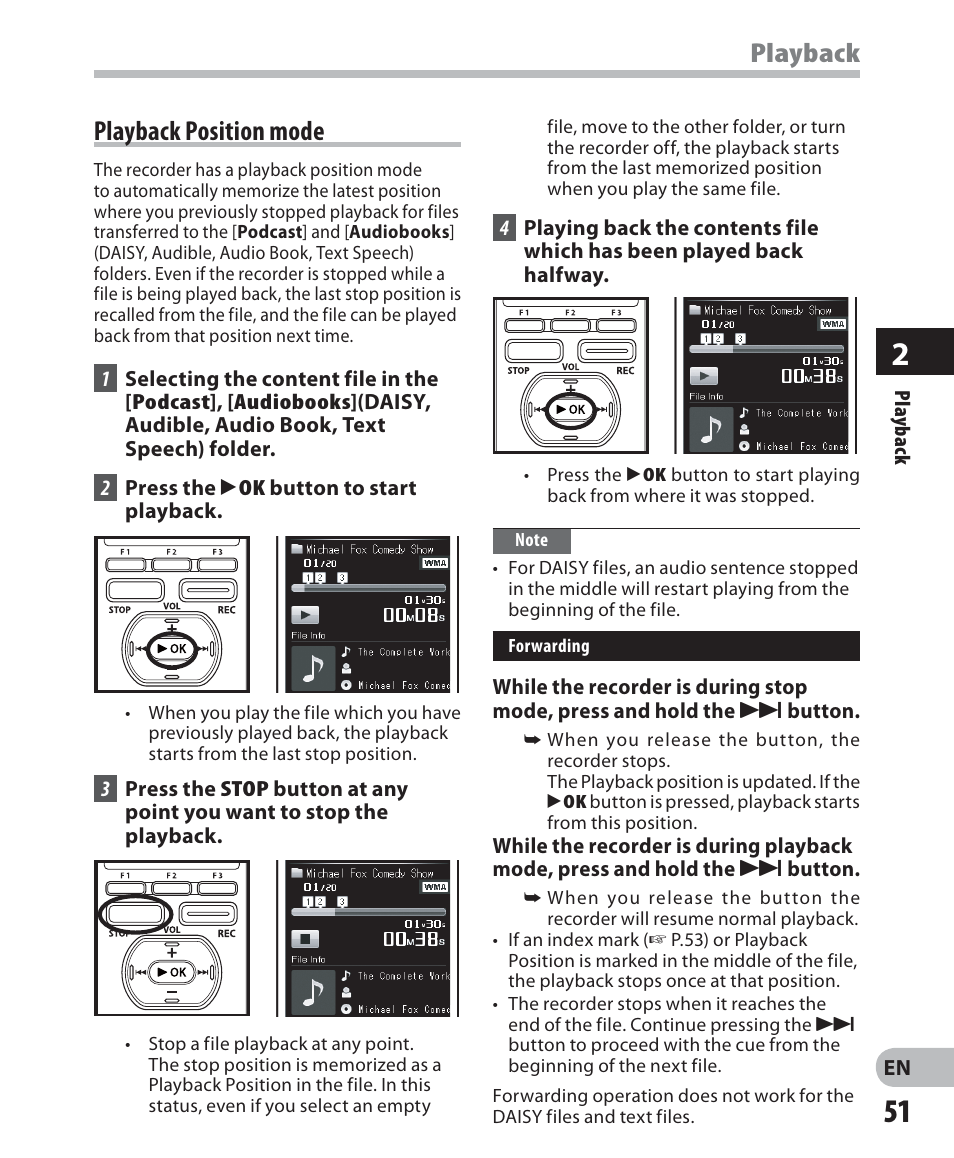 Playback position mode, Playback | Olympus DM-5 User Manual | Page 51 / 187