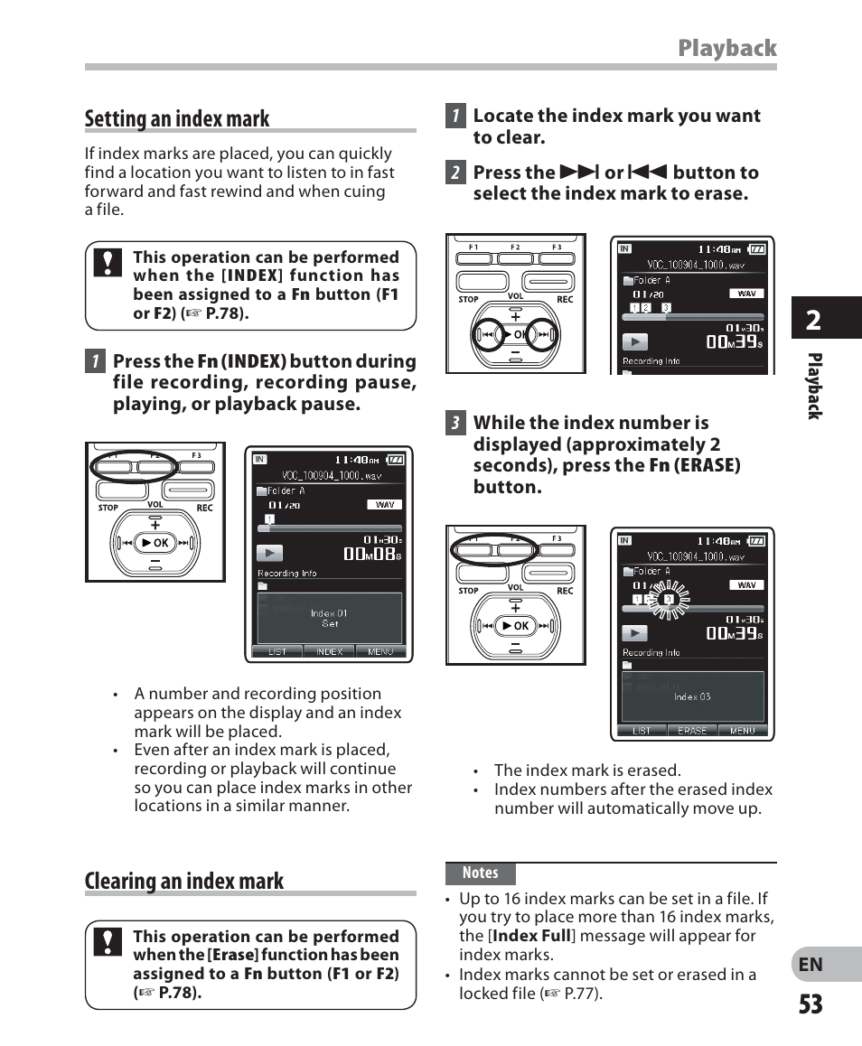 Setting an index mark, Playback, Clearing an index mark | Olympus DM-5 User Manual | Page 53 / 187