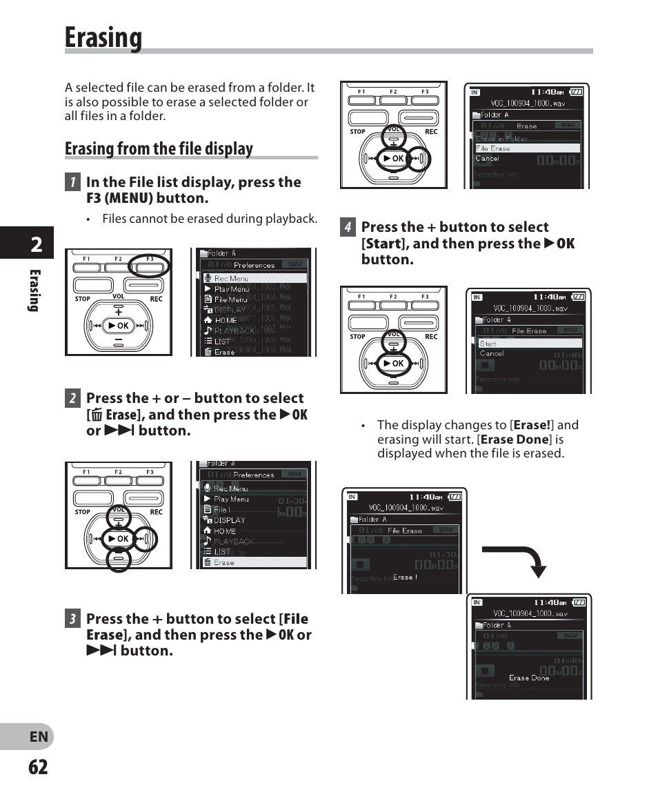 Erasing, Erasing from the file display | Olympus DM-5 User Manual | Page 62 / 187