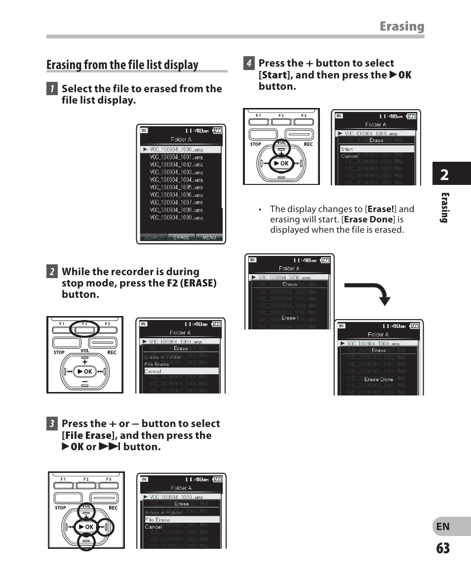 Erasing from the file list display, Erasing | Olympus DM-5 User Manual | Page 63 / 187