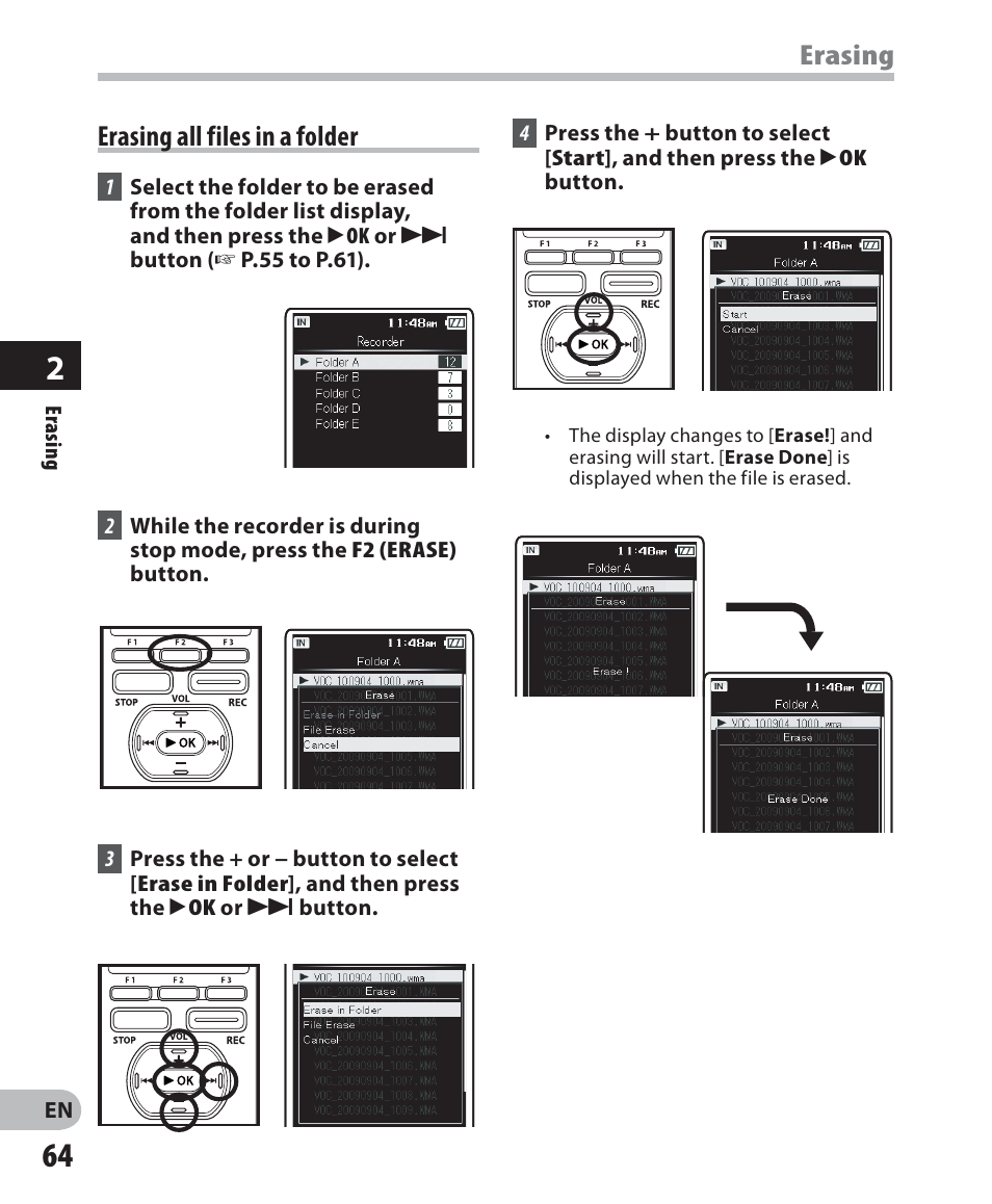 Erasing all files in a folder, Erasing | Olympus DM-5 User Manual | Page 64 / 187