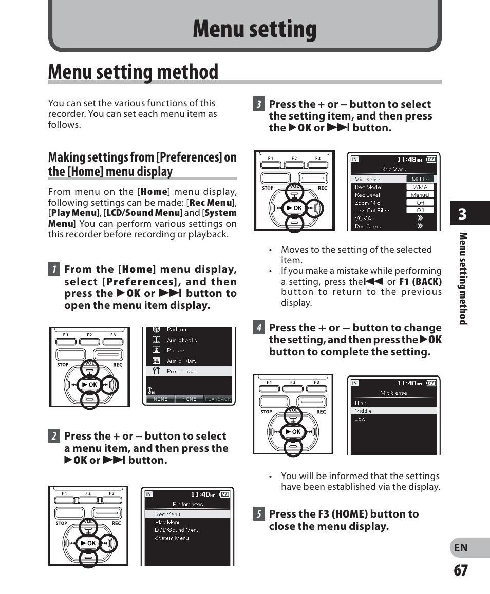 Menu setting, Menu setting method | Olympus DM-5 User Manual | Page 67 / 187