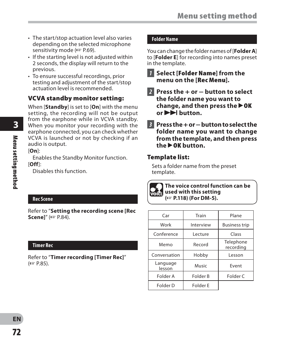 Menu setting method | Olympus DM-5 User Manual | Page 72 / 187