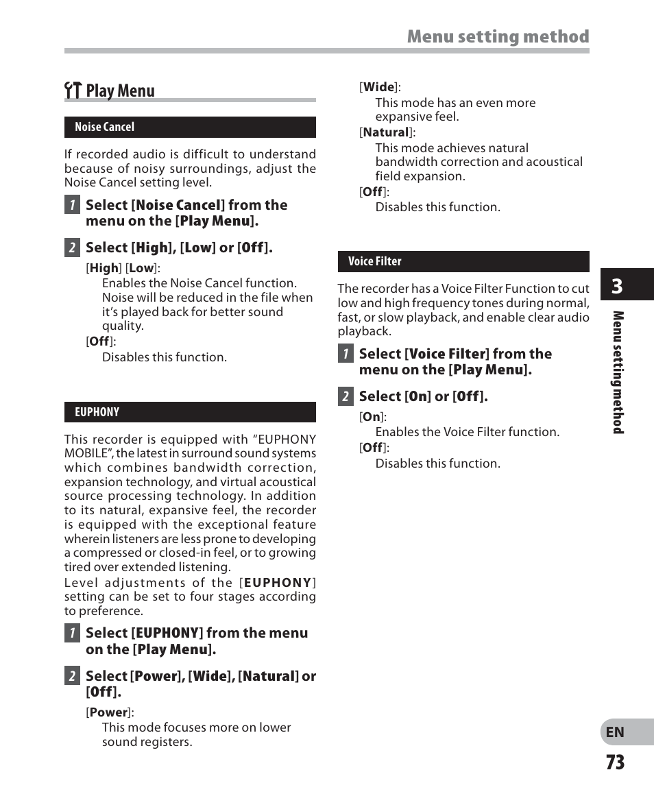 Menu setting method g play menu | Olympus DM-5 User Manual | Page 73 / 187