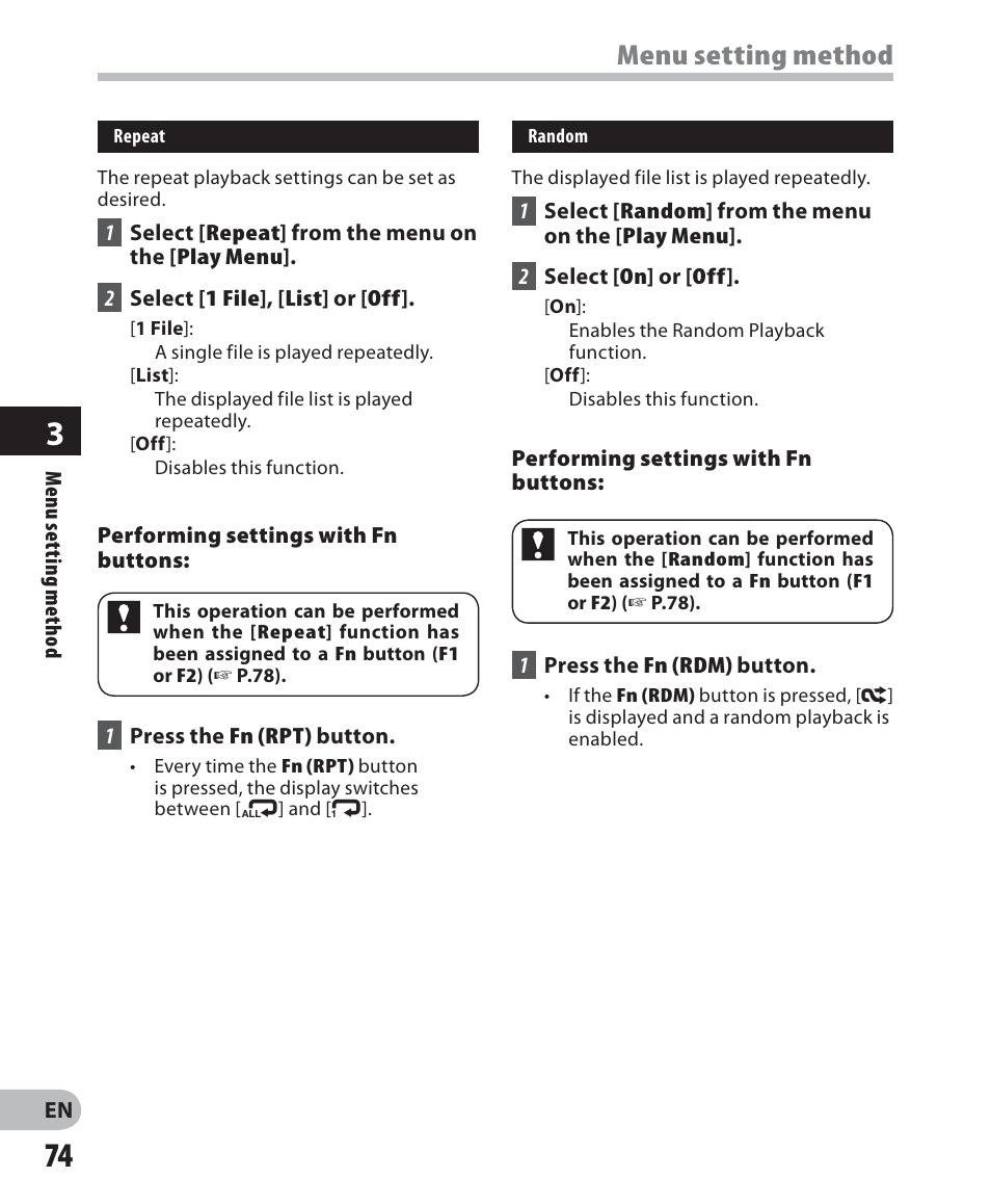 Menu setting method | Olympus DM-5 User Manual | Page 74 / 187