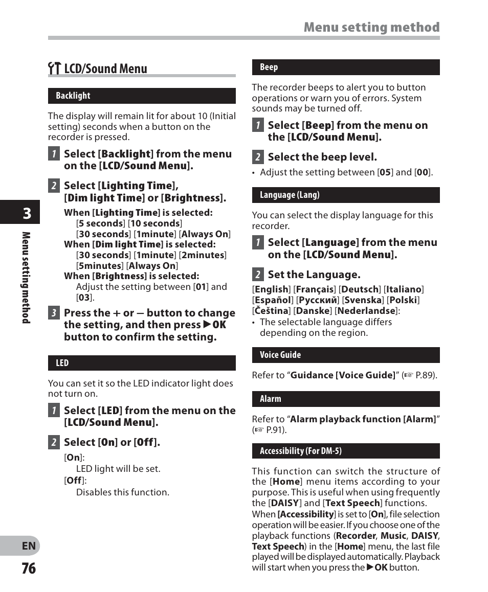 Menu setting method g lcd/sound menu | Olympus DM-5 User Manual | Page 76 / 187