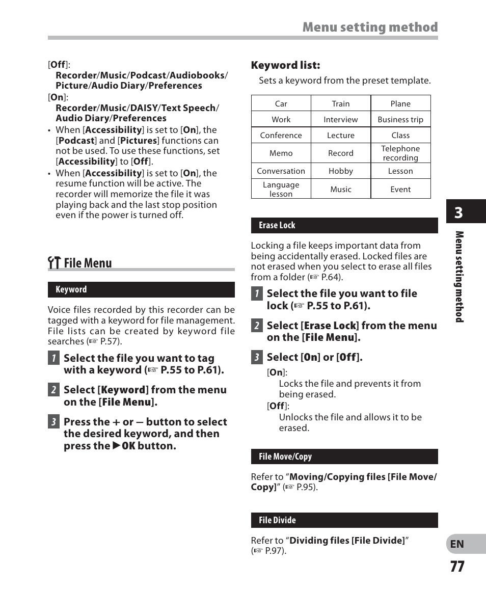 Menu setting method g file menu | Olympus DM-5 User Manual | Page 77 / 187