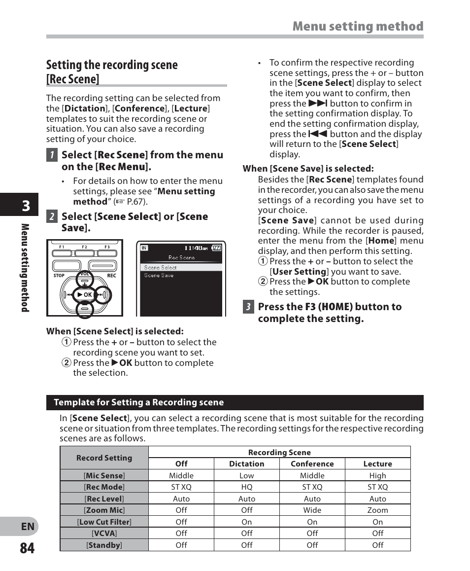 Setting the recording scene [rec scene, Menu setting method | Olympus DM-5 User Manual | Page 84 / 187