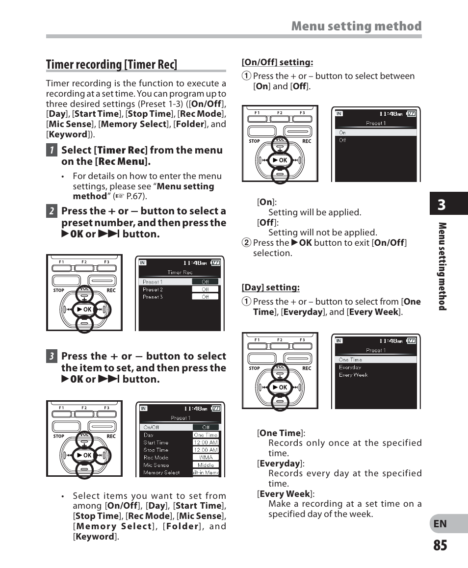 Timer recording [timer rec, Menu setting method | Olympus DM-5 User Manual | Page 85 / 187