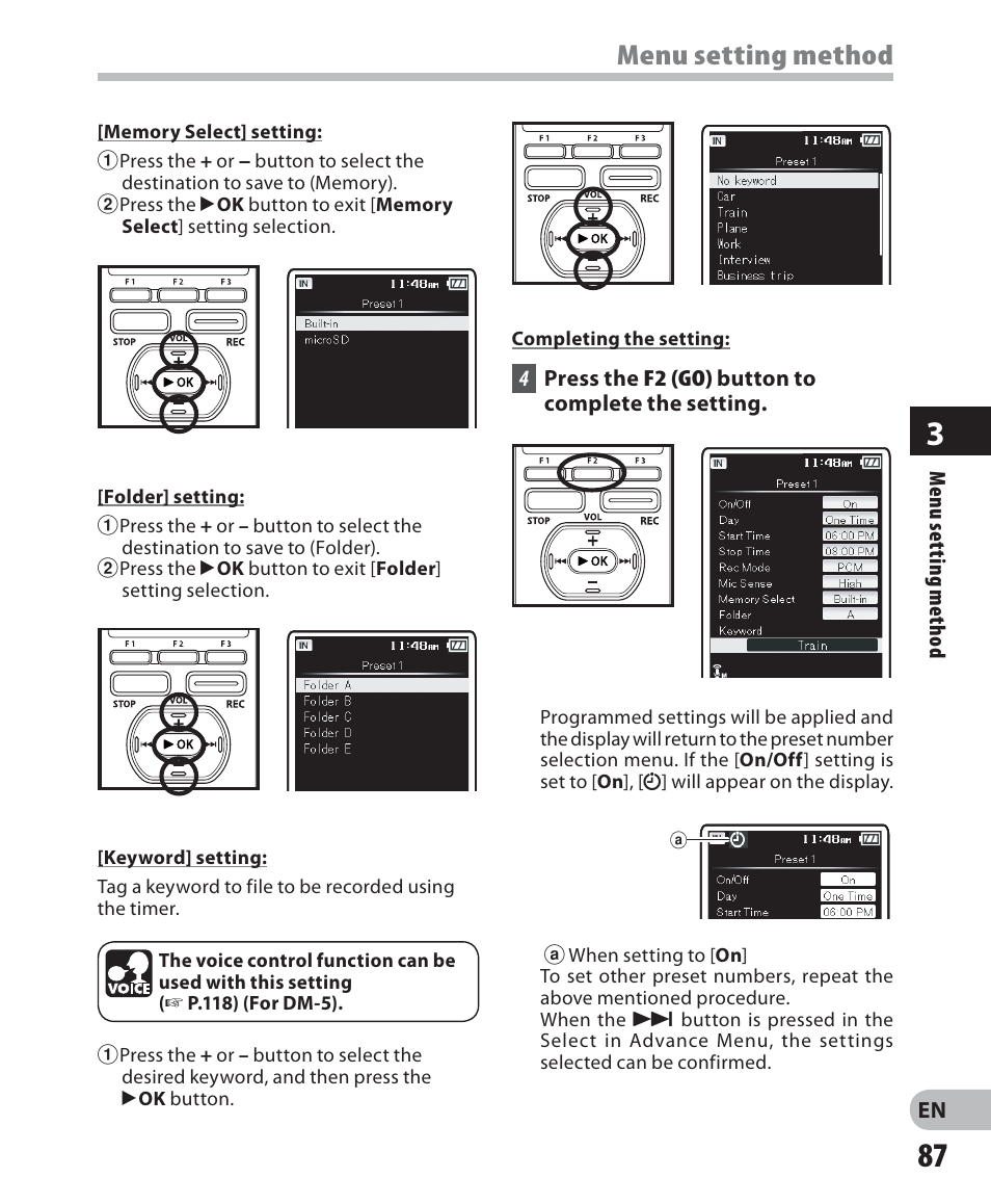 Menu setting method | Olympus DM-5 User Manual | Page 87 / 187