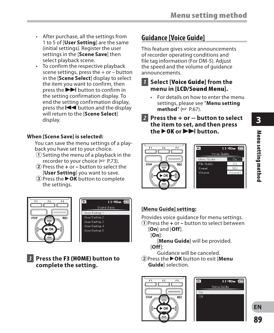 Menu setting method, Guidance [voice guide | Olympus DM-5 User Manual | Page 89 / 187