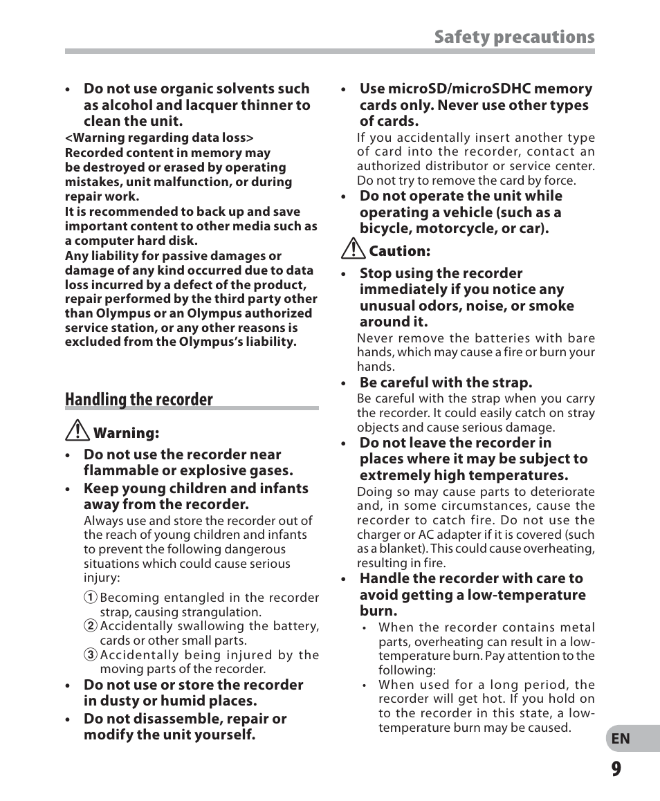 Handling the recorder, Safety precautions | Olympus DM-5 User Manual | Page 9 / 187