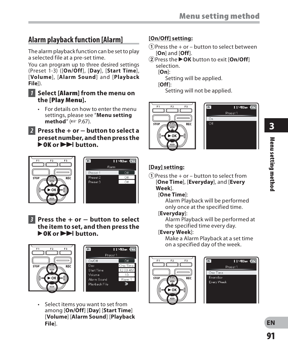 Alarm playback function [alarm, Menu setting method | Olympus DM-5 User Manual | Page 91 / 187