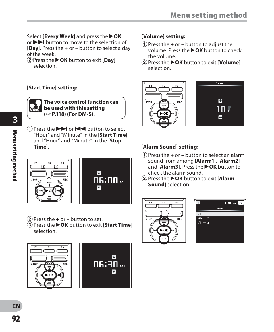 Menu setting method | Olympus DM-5 User Manual | Page 92 / 187