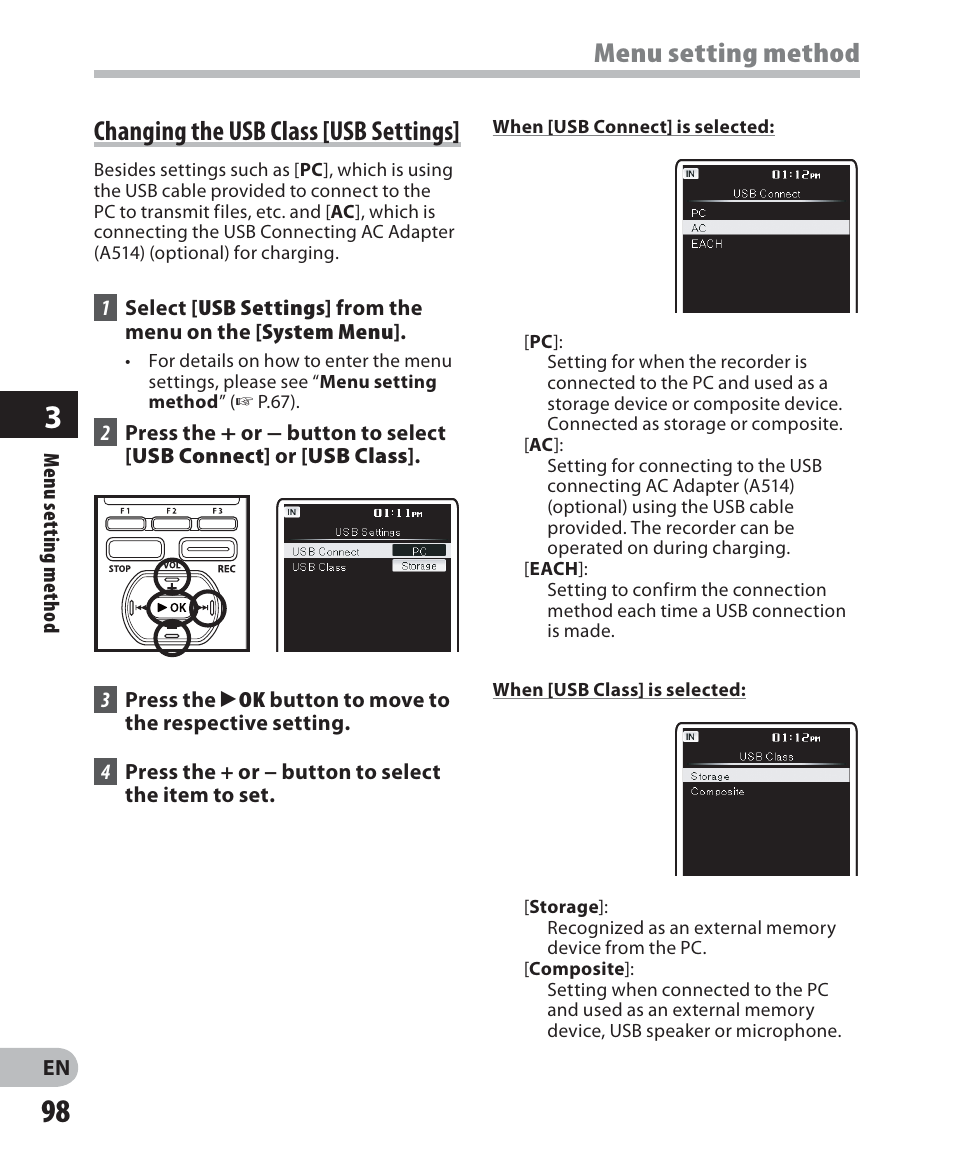 Menu setting method, Changing the usb class [usb settings | Olympus DM-5 User Manual | Page 98 / 187