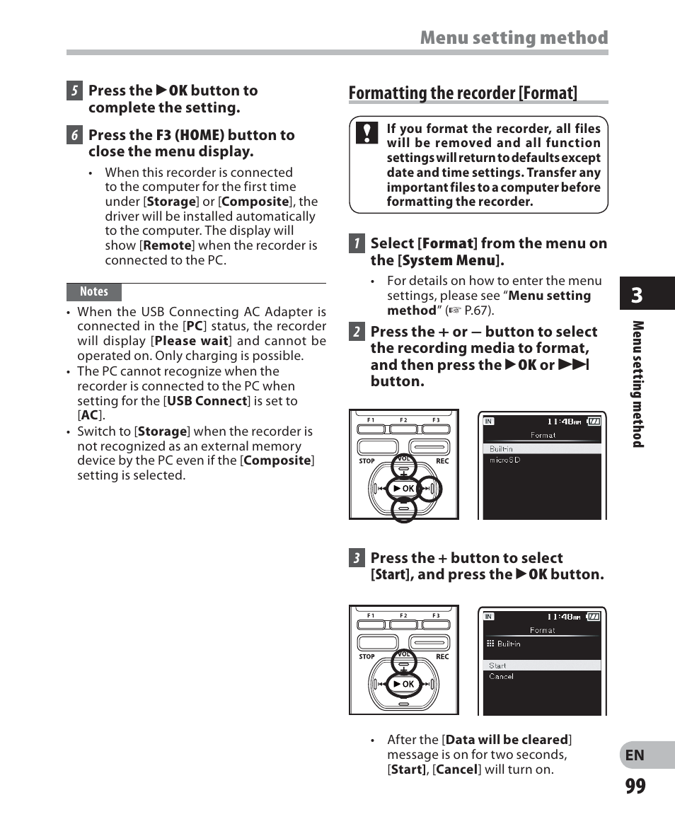 Menu setting method, Formatting the recorder [format | Olympus DM-5 User Manual | Page 99 / 187