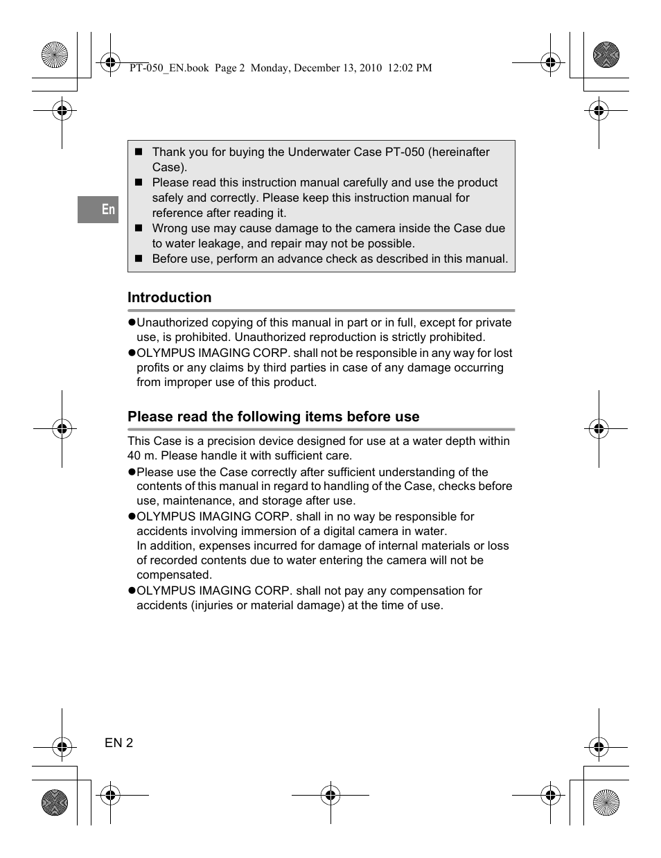 Olympus PT-050 User Manual | Page 2 / 31