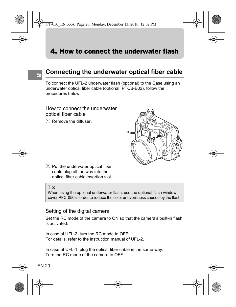 How to connect the underwater flash, Connecting the underwater optical fiber cable | Olympus PT-050 User Manual | Page 20 / 31