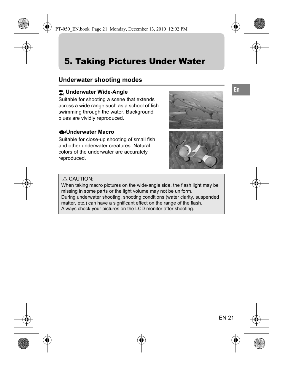 Taking pictures under water | Olympus PT-050 User Manual | Page 21 / 31