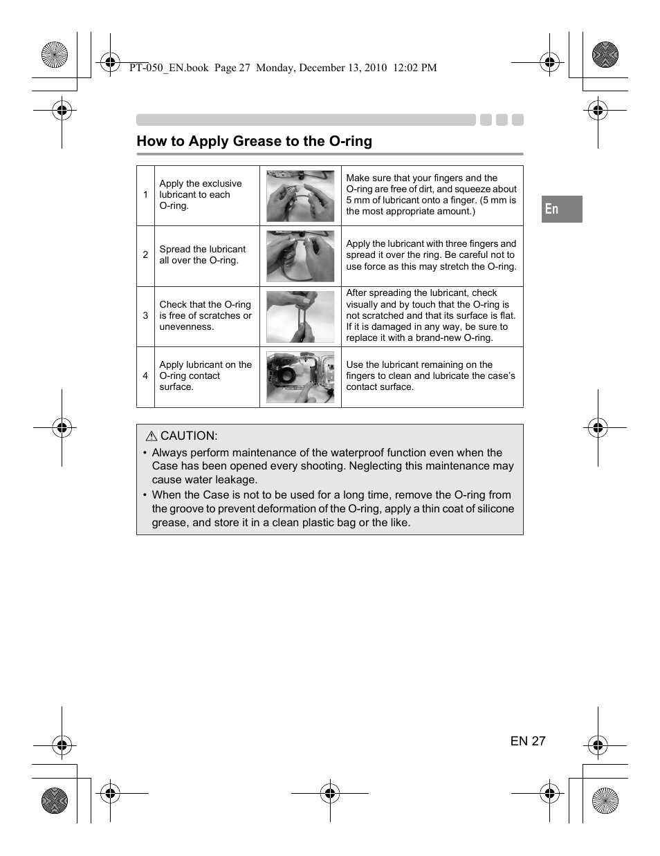 How to apply grease to the o-ring | Olympus PT-050 User Manual | Page 27 / 31
