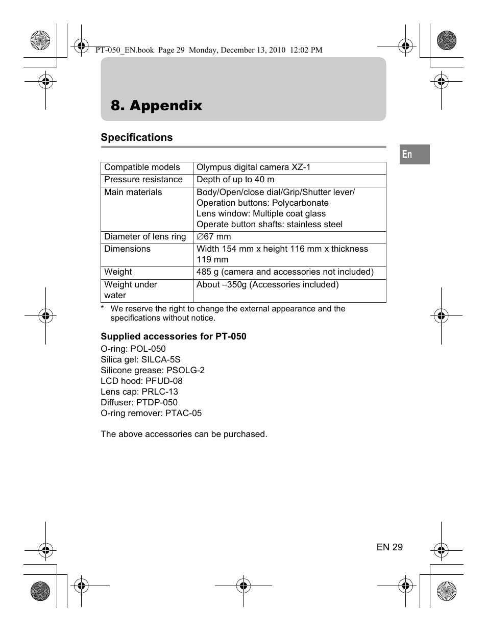 Appendix | Olympus PT-050 User Manual | Page 29 / 31
