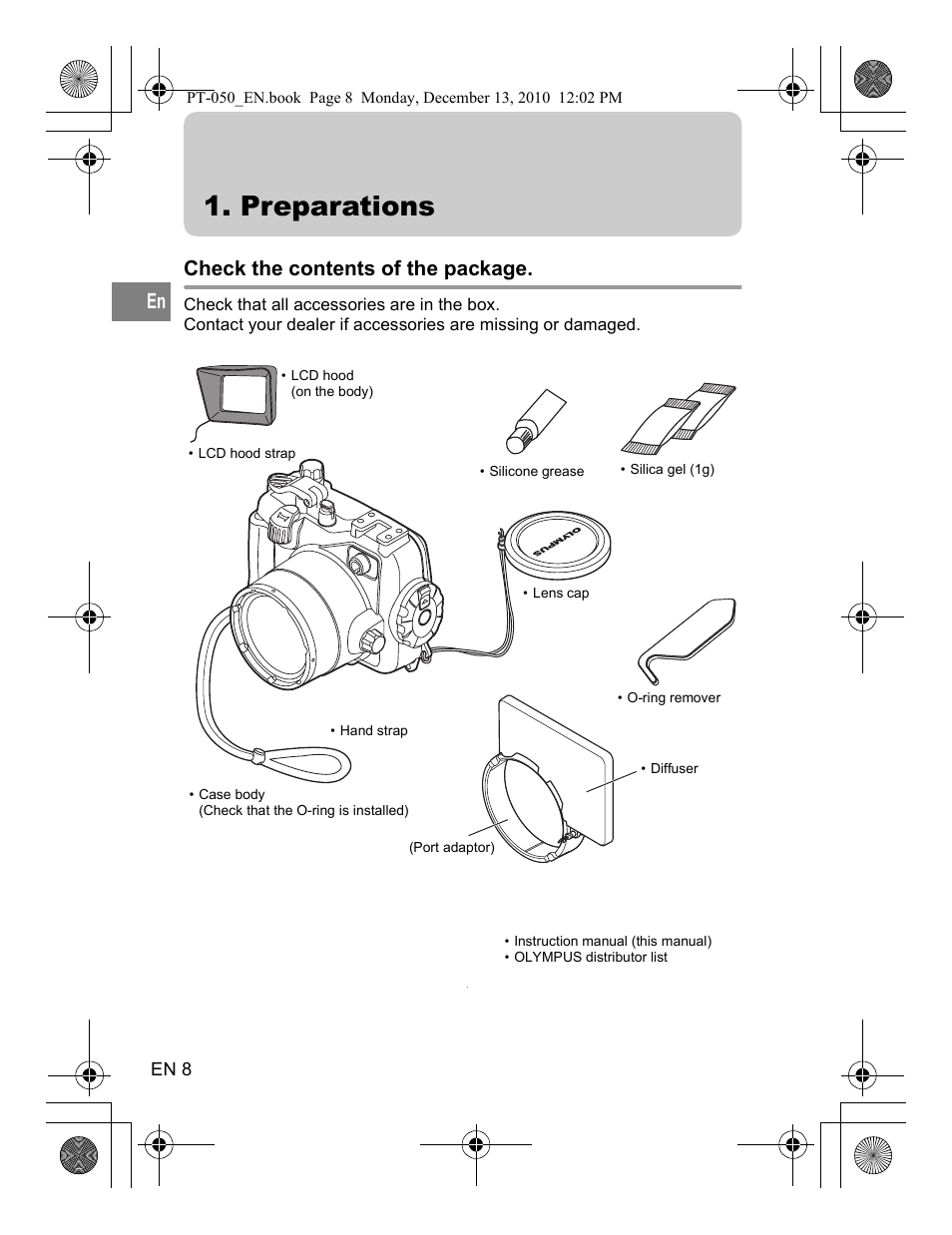 Preparations, Check the contents of the package | Olympus PT-050 User Manual | Page 8 / 31