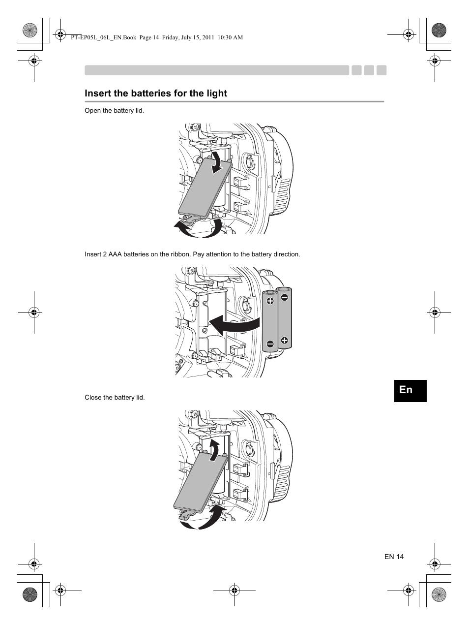 Insert the batteries for the light | Olympus PT-EP06L User Manual | Page 15 / 27