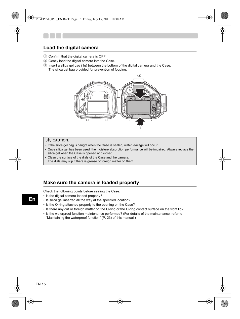 Load the digital camera, Make sure the camera is loaded properly | Olympus PT-EP06L User Manual | Page 16 / 27