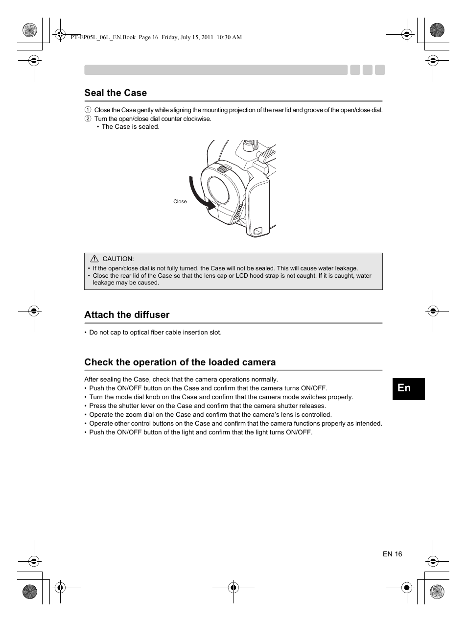 Seal the case, Attach the diffuser, Check the operation of the loaded camera | Olympus PT-EP06L User Manual | Page 17 / 27