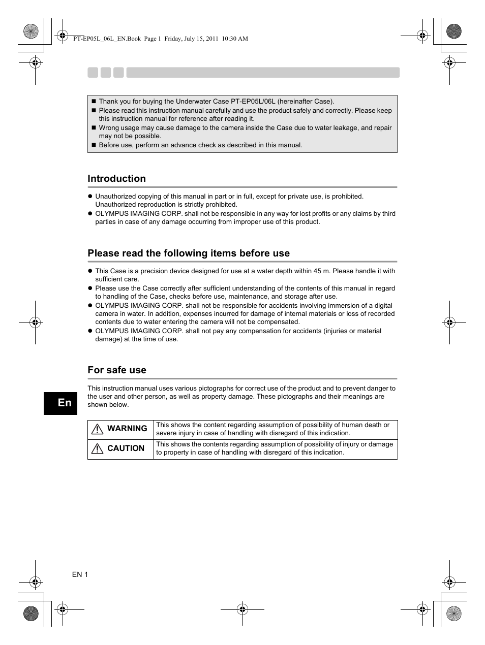 Introduction, Please read the following items before use, For safe use | Olympus PT-EP06L User Manual | Page 2 / 27